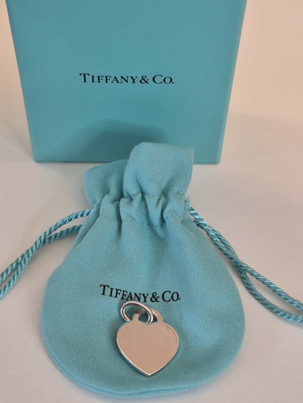 Tiffany & Co. Sterling Silver Heart Tag Charm, SS Hinged Bale with Pouch & Box